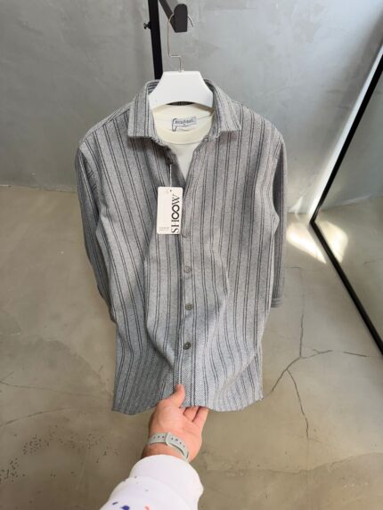 Çizgili Ultra Kalın Kışlık %100 Pamuk Gömlek - Füme