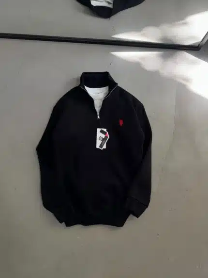 RL Nakışlı Üç İplik Yarım Fermuarlı Sweatshirt – Siyah