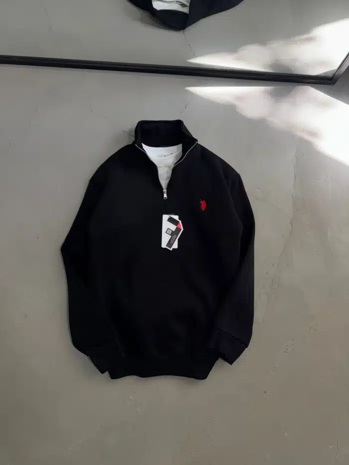 RL Nakışlı Üç İplik Yarım Fermuarlı Sweatshirt – Siyah - Görsel 1