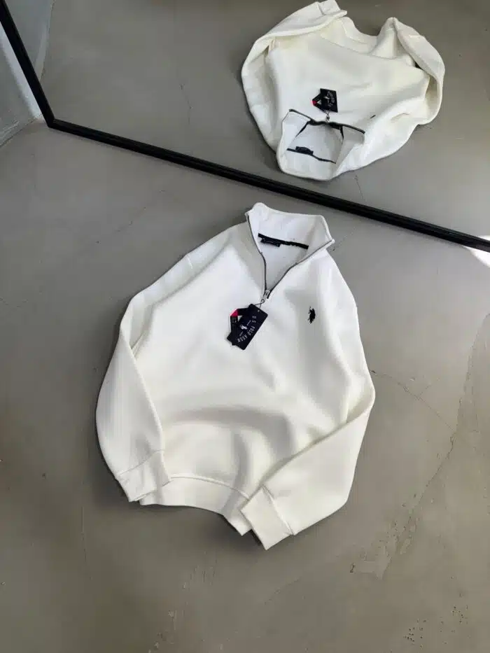 RL Nakışlı Üç İplik Yarım Fermuarlı Sweatshirt – Beyaz - Görsel 5