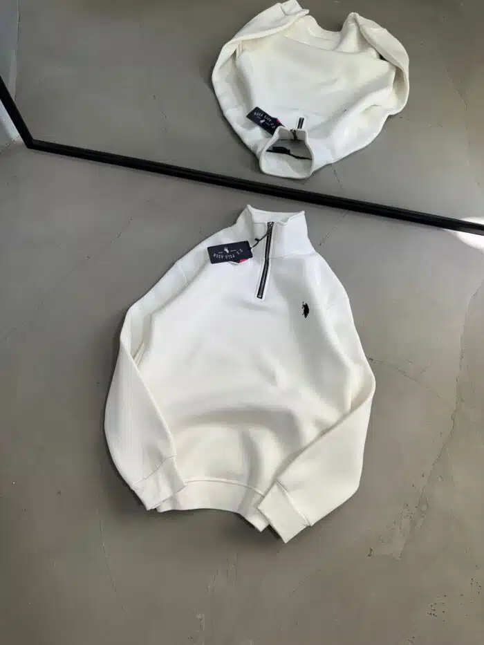 RL Nakışlı Üç İplik Yarım Fermuarlı Sweatshirt – Beyaz - Görsel 4