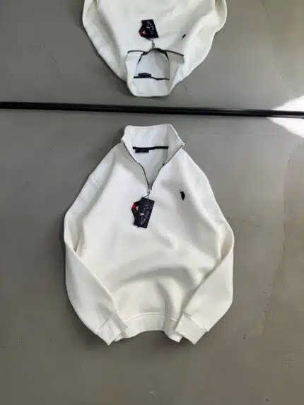 RL Nakışlı Üç İplik Yarım Fermuarlı Sweatshirt – Beyaz