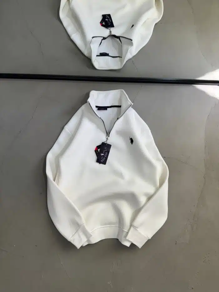 RL Nakışlı Üç İplik Yarım Fermuarlı Sweatshirt – Beyaz - Görsel 1