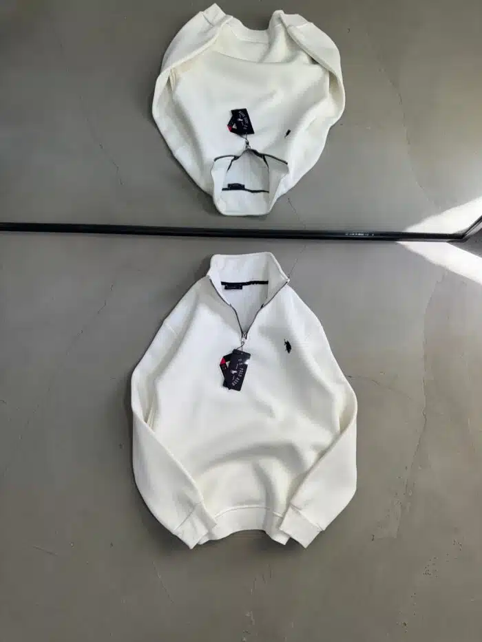 RL Nakışlı Üç İplik Yarım Fermuarlı Sweatshirt – Beyaz - Görsel 3