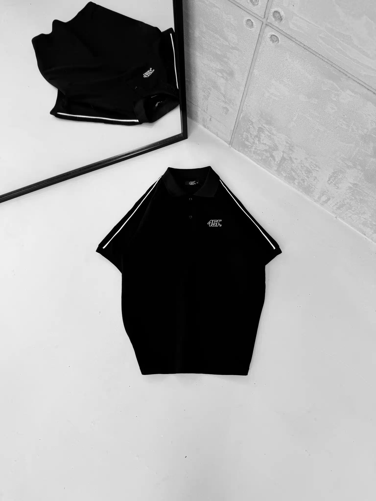 SSSSS SF Enjeksiyon Baskı Şeritli Polo Yaka Tshirt -Siyah - Görsel 1