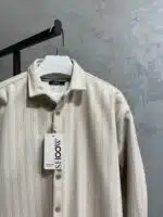 Çizgili Ultra Kalın Kışlık %100 Pamuk Gömlek - Bej - Görsel 3