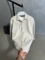 Çizgili Ultra Kalın Kışlık %100 Pamuk Gömlek - Bej - Görsel 2