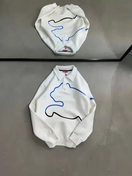 PM Baskılı Üç İplik Yakalı Sweatshirt – Beyaz