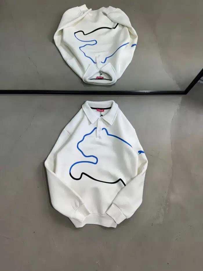 PM Baskılı Üç İplik Yakalı Sweatshirt – Beyaz - Görsel 1