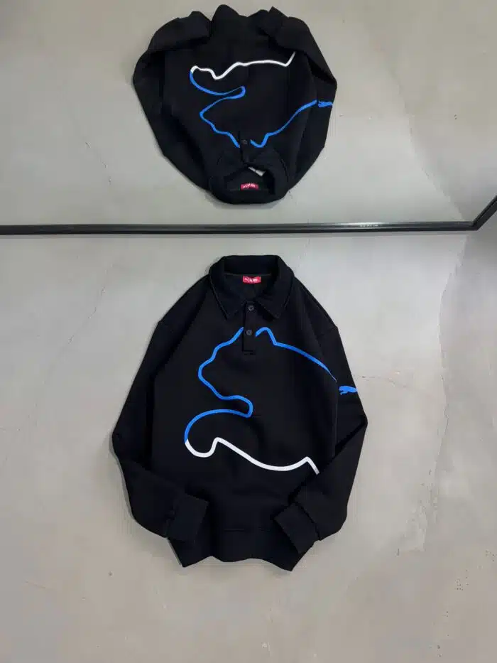 PM Baskılı Üç İplik Yakalı Sweatshirt – Siyah - Görsel 1
