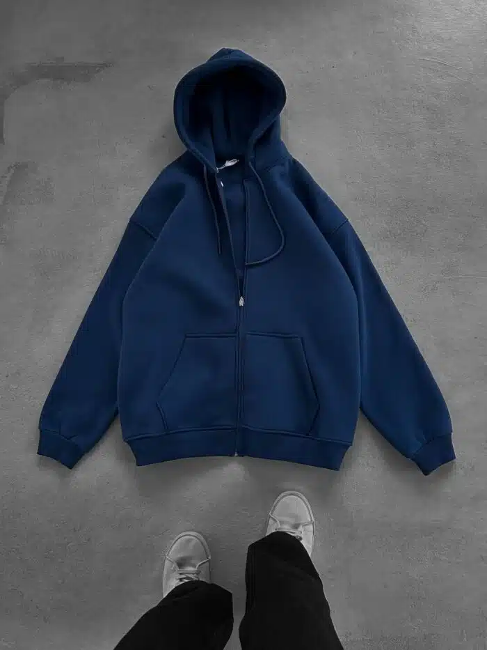 3 İplik Basic Kapşonlu Hoodie – İndigo - Görsel 1
