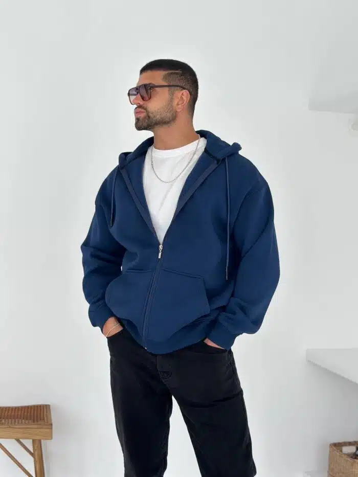 3 İplik Basic Kapşonlu Hoodie – İndigo - Görsel 5