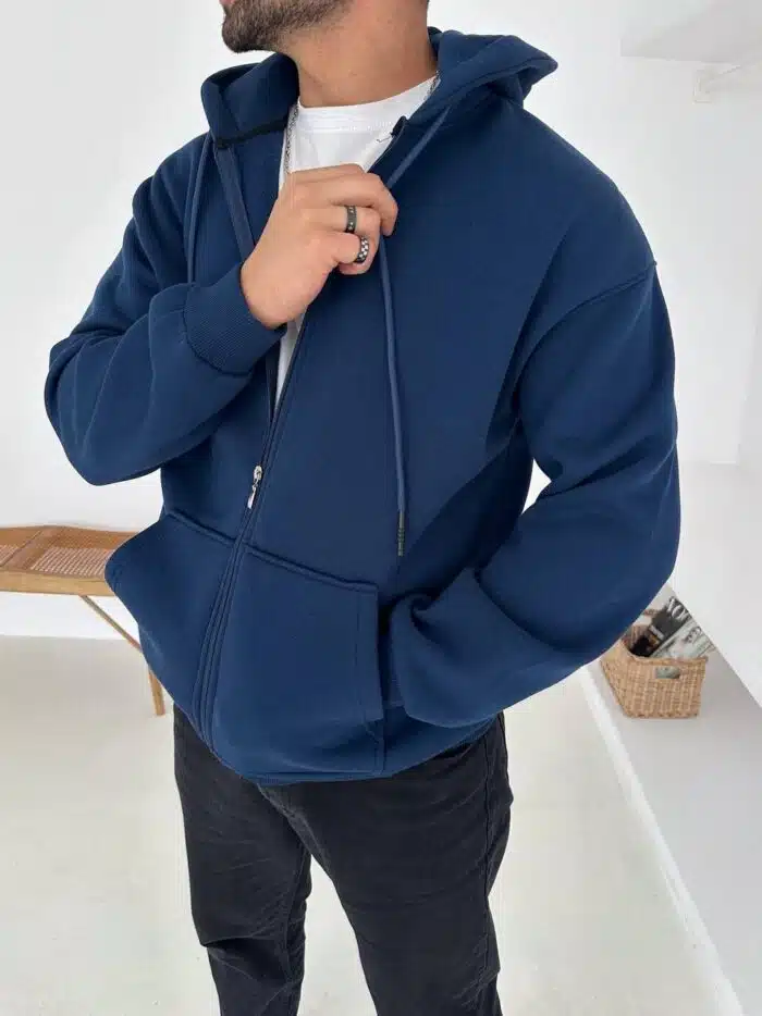 3 İplik Basic Kapşonlu Hoodie – İndigo - Görsel 6
