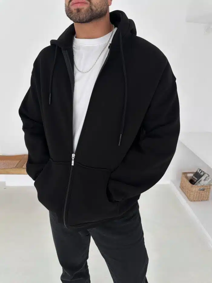 3 İplik Basic Kapşonlu Hoodie – Siyah - Görsel 3