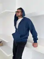 3 İplik Basic Kapşonlu Hoodie – İndigo - Görsel 4