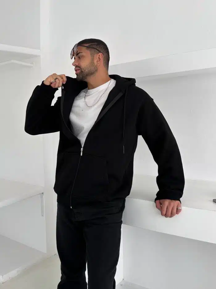 3 İplik Basic Kapşonlu Hoodie – Siyah - Görsel 4