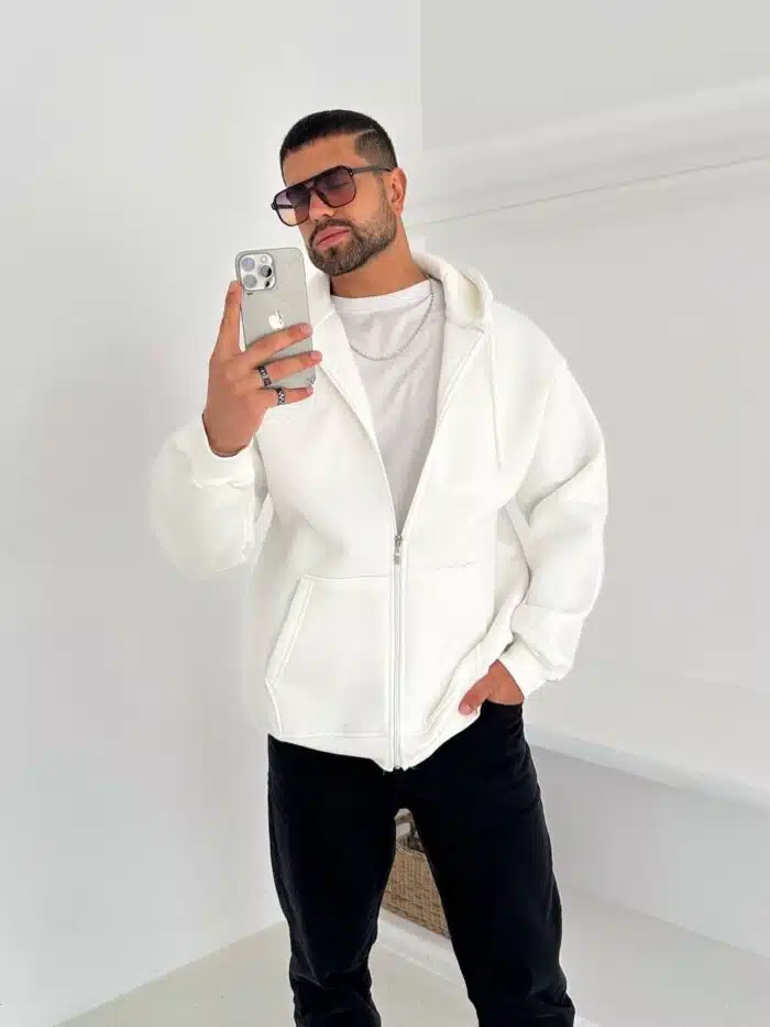 3 İplik Basic Kapşonlu Hoodie – Beyaz - Görsel 5