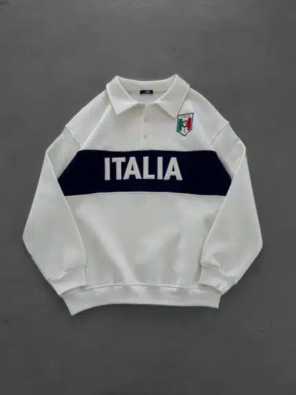 İtalia Nakışlı Üç İplik Yakalı Sweatshirt – Beyaz