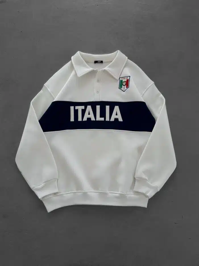 İtalia Nakışlı Üç İplik Yakalı Sweatshirt – Beyaz - Görsel 1