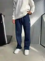 'RL' Nakışlı Çizgili Lastikli Stoper Paça Baggy Eşofman - İndigo - Görsel 4