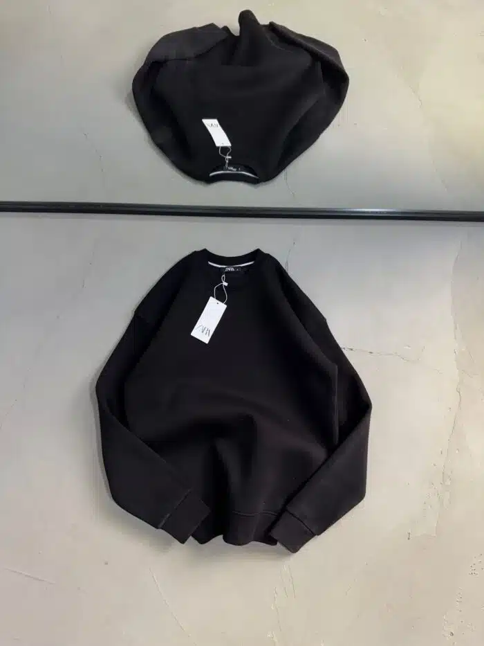 Düz Basic Üç İplik Sweatshirt - Siyah - Görsel 1