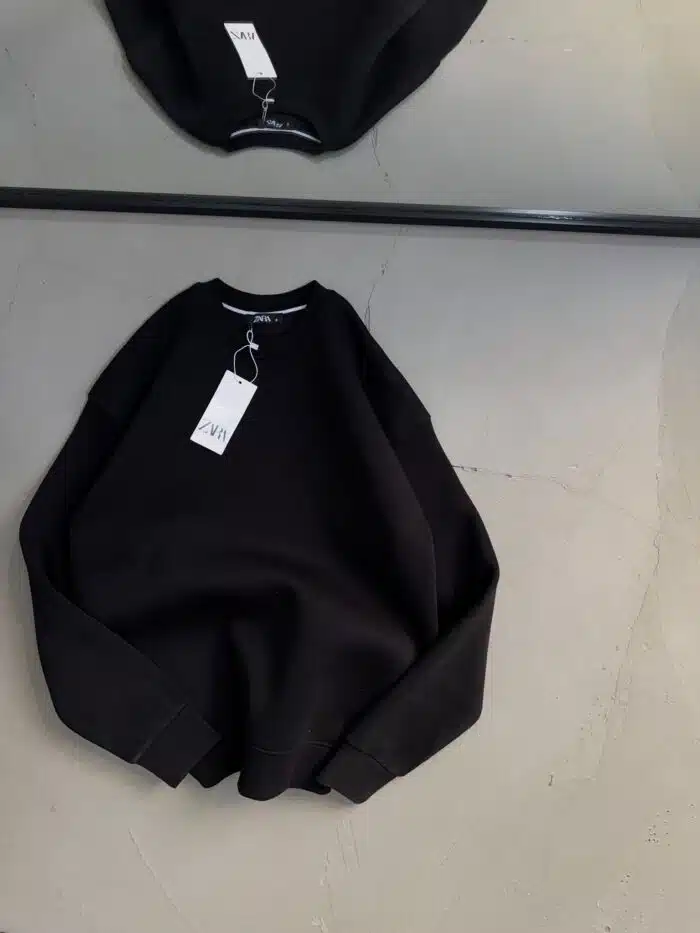 Düz Basic Üç İplik Sweatshirt - Siyah - Görsel 3