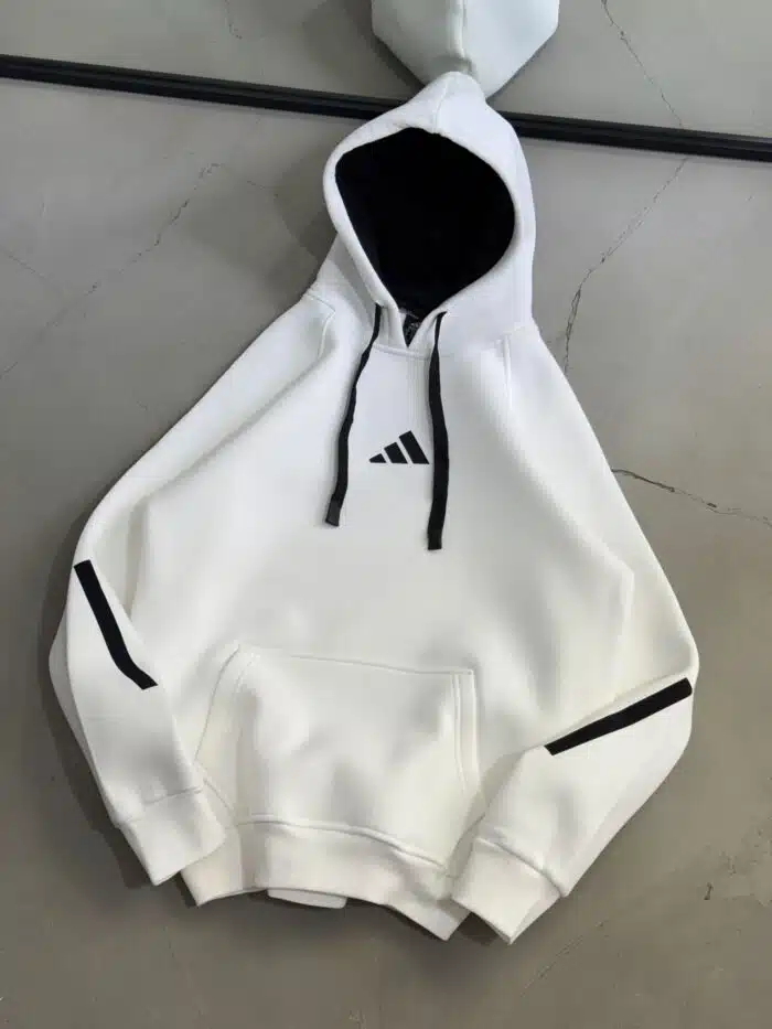 AD Enjeksiyon Baskı Kol Detaylı Kapşonlu Sweatshirt – Beyaz - Görsel 3