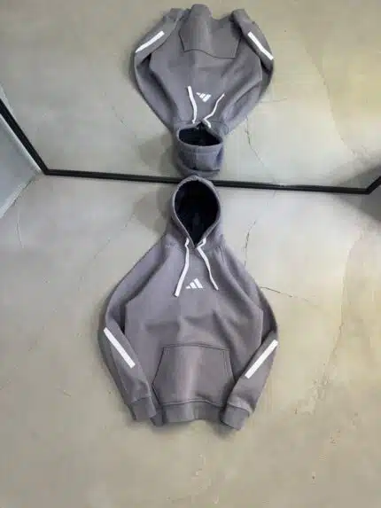 AD Enjeksiyon Baskı Kol Detaylı Kapşonlu Sweatshirt – Gri