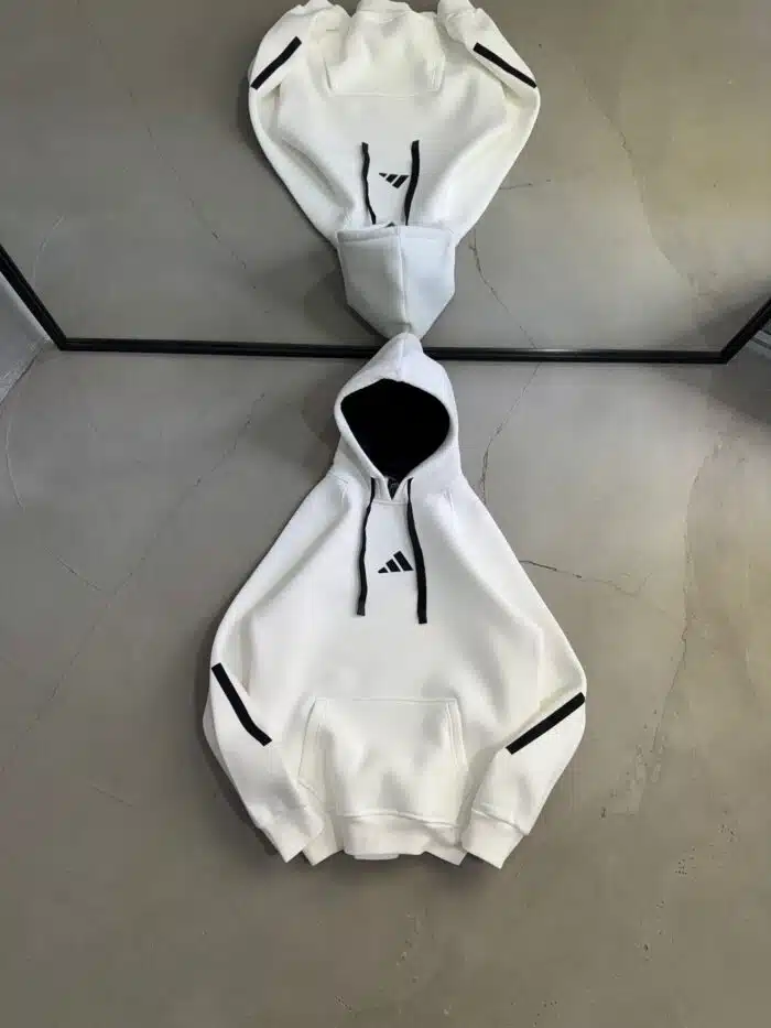 AD Enjeksiyon Baskı Kol Detaylı Kapşonlu Sweatshirt – Beyaz - Görsel 1