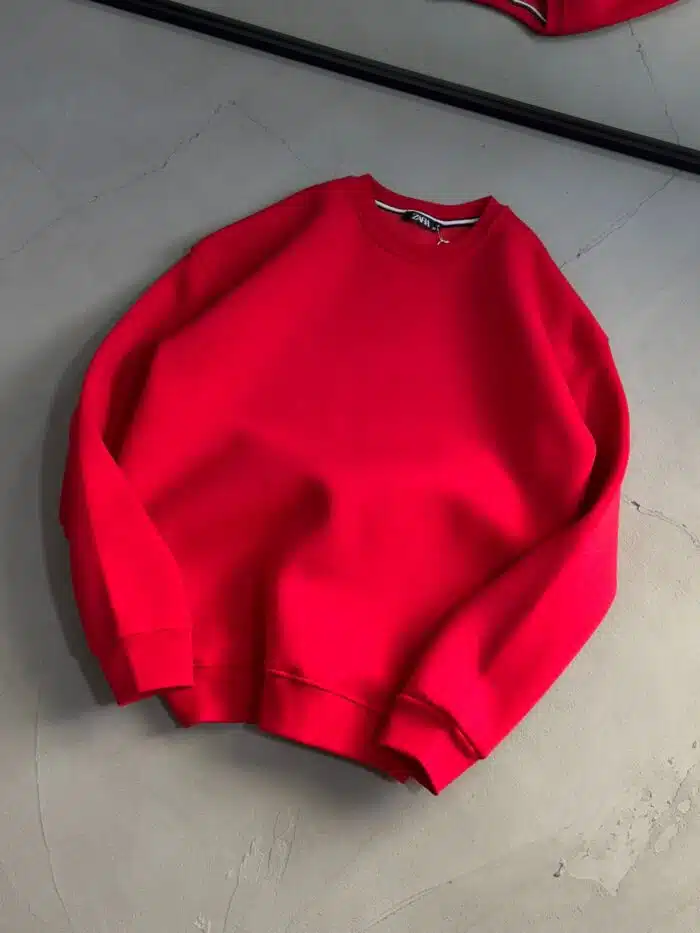 Düz Basic Üç İplik Sweatshirt - Kırmızı - Görsel 3
