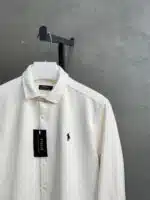 RL Nakışlı Kadife %100 Pamuk Gömlek - Beyaz - Görsel 4