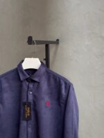 RL Nakışlı Kadife %100 Pamuk Gömlek - Lacivert - Görsel 4