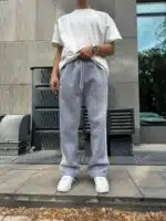 ‘AD’ 3 Şeritli Lastikli Stoper Paça Baggy Eşofman – Gri - Görsel 4