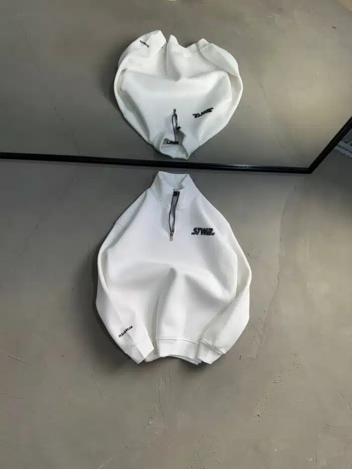SW Enjeksiyon Baskı Üç İplik Yarım Fermuarlı Sweatshirt – Beyaz - Görsel 1
