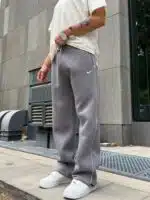 ‘NK’ Nakışlı Çizgili Lastikli Stoper Paça Baggy Eşofman – Füme