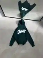 SW Kabartma Sırt Baskılı Kapşonlu Sweatshirt – Koyu Yeşil