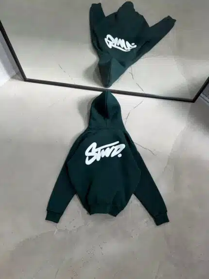 SW Kabartma Sırt Baskılı Kapşonlu Sweatshirt – Koyu Yeşil