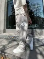 ‘AD’ Büyük Baskılı Lastikli Stoper Paça Baggy Eşofman – Krem - Görsel 3