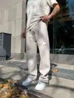 'NK 'Premium Süzene Nakış Lastikli Stoper Paça Eşofman - Krem - Görsel 3