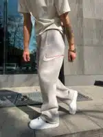 'NK 'Premium Süzene Nakış Lastikli Stoper Paça Eşofman - Krem - Görsel 4