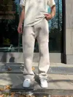 'NK 'Premium Süzene Nakış Lastikli Stoper Paça Eşofman - Krem - Görsel 5