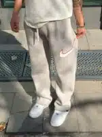 'NK 'Premium Süzene Nakış Lastikli Stoper Paça Eşofman - Krem - Görsel 6