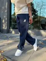 ‘M’ Enjeksiyon Baskılı Çizgili Lastikli Stoper Paça Baggy Eşofman – İndigo - Görsel 3