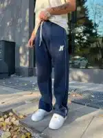 ‘M’ Enjeksiyon Baskılı Çizgili Lastikli Stoper Paça Baggy Eşofman – İndigo