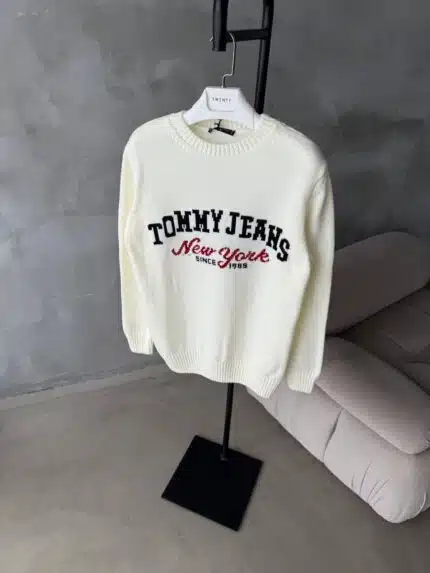 TH Nakış İşlemeli Premium Örgü Triko Kazak – Beyaz