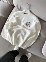 CK Nakış İşlemeli Premium Örgü Triko Kazak – Beyaz