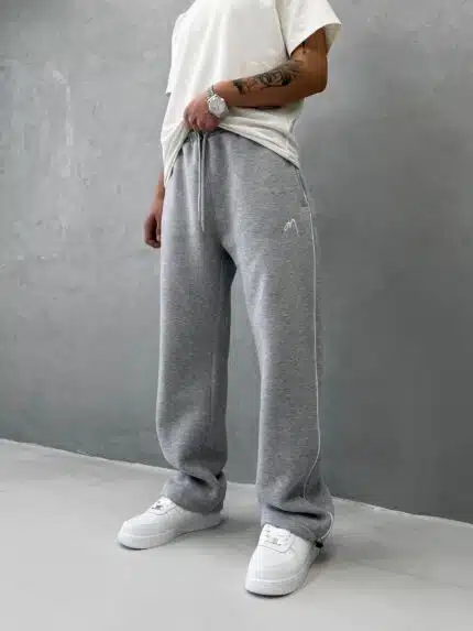 Premium İmzalı Seri Nakışlı Şeritli Stoper Paça Baggy Eşofman – Gri