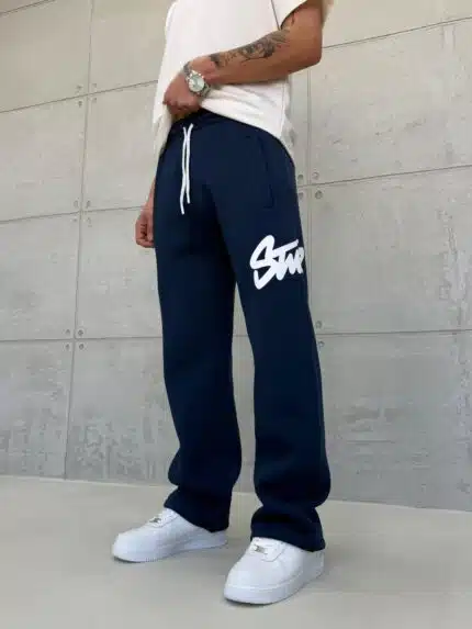 ‘SW’ Büyük Baskılı Lastikli Stoper Paça Baggy Eşofman – İndigo