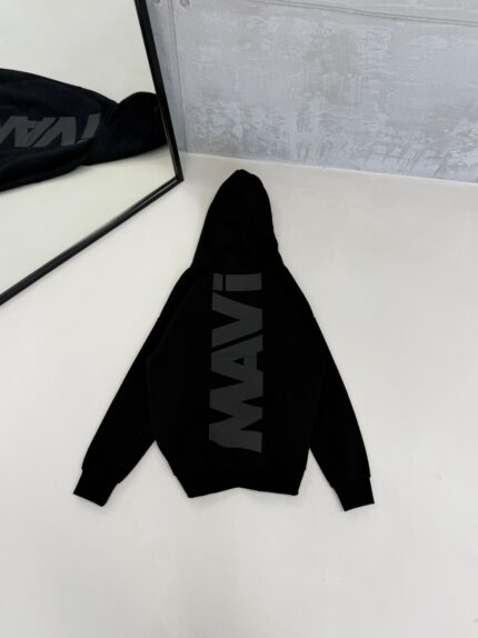 M Büyük Kabartma Sırt Baskılı Kapşonlu Üç İplik  Sweatshirt – Siyah