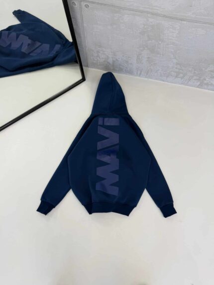 M Büyük Kabartma Sırt Baskılı Kapşonlu Üç İplik  Sweatshirt – Lacivert